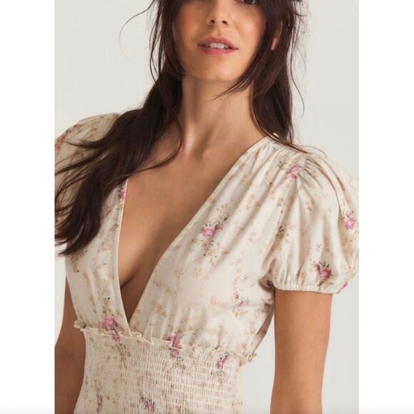 LoveShackFancy NWT Radia Smocked Cotton Cream Pink Floral Mini Dress size Large - Picture 16 of 16